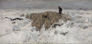 Flokk med sauer med gjeter i snøen av Anton Mauve
