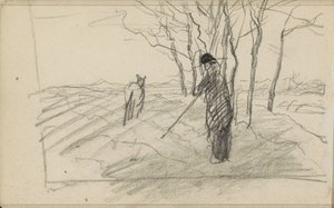 Stående mann med en stokk og et dyr på en pløyd mark av Anton Mauve