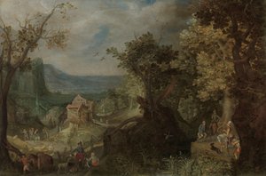 Jeger og ryttere på en skogkledd vei, med en landsby i en dal bortenfor