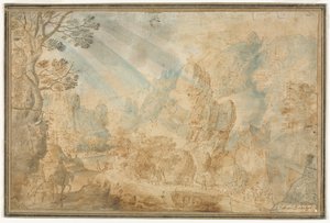 Fjelllandskap med figurer, første halvdel av 1600-tallet.