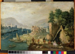 ""Landsby nær fjellene"" (En by i fjellene) Landskap i Flandern. Maleri av Antonie (Anton) Mirou (1586-cirka 1661) Mikalojus Konstantinas Ciurlionis Fine Arts Museum fra 1600-tallet, Kaunas, Litauen