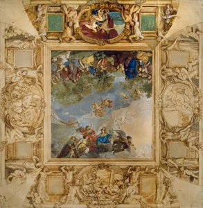 Apollo og Athena belønner Talenter og Minerva flankert av karyatider og medaljonger som viser Mars, Venus, Hercules og Cybele, av Anton Raphael Mengs av Anton Raphael Mengs