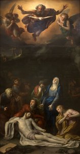 Nedstigningen fra korset - Blant karakterene representert rundt Jesu Kristi kropp: Den hellige Josef av Arimathea, den hellige Nikodeme, den hellige Maria Magdalena, Jomfru Maria og den hellige evangelisten Johannes - Representasjon av den hellige treenigh av Anton Raphael Mengs