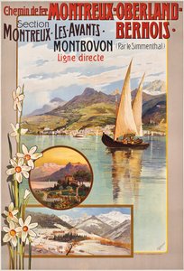 Plakatannonsering Montreux-Oberland-Bernois togreiser, ca. 1910 (farge litho)