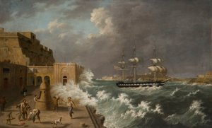 Harbour Scene, Malta (olje på kort) av Anton Schranz