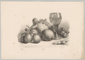 Stilleben med glass, plommer, sitron, druer og hasselnøtter Flower and Fruit Studies (...) 10. episode (serietittel) av Anton Weiss