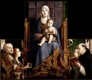 Altertavle av San Cassiano: "" Jomfru og barn omgitt av de hellige Nicholas av Myra eller Bari (270-345), Maria Magdalena, Saint Ursula og Saint Dominica""" Tremaleri av Antonello da Messina (ca. 1430-1479) 1475- 1476 Wien Kunsthistoriske Museum