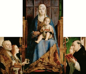 Engelsk: Maria med barn og de hellige Nikolaus av Bari, Anastasia (), Ursula, Dominik og (overlappet av rammen) Helena San Cassiano-altertavlen av Antonello da Messina