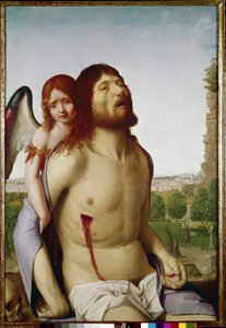 Den døde Kristus støttet av en engel. (olje på panel av Antonello da Messina