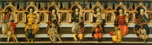 De syv dyder - Verk av Antonfrancesco (Anton Francesco) Guidi, kalt Scheggia (1441-1476), tempera på tre (49,8x159,3 cm), ca. 1467-1469 - De syv dyder, Tempera på panel av Antonfrancesco (Anton Francesco) Guidi kalt Scheggia, ca 1467-1469 - M av Antonfrancesco dello Scheggia