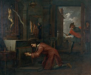 Saint Francis mottar ordren fra korsfestet i Saint Damian om å reparere Guds hus av Antoni Viladomat Y Manalt