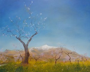 Mandelblomst med snødekket Sierra Nevada-fjell, 2016 av Antonia Myatt