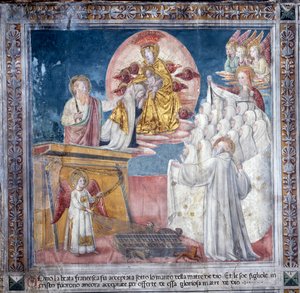 Livet til St. Francesca Romana: 1. mars 1433 blir Francesca i en visjon tatt av Guds mor under sin kappe (Fresco) av Antoniazzo Romano