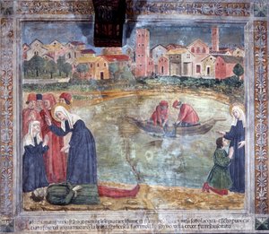 Livet til St. Francesca Romana : En mann blir reist opp av helgenen etter å ha blitt druknet i Tiberen (Fresco av Antoniazzo Romano