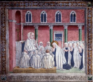 Livet til St. Francesca Romana : Helgenen og oblatene tilbyr seg til benediktinerordenen og slår seg ned i kirken Santa Maria Nova, Roma (Fresco)