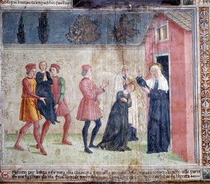 Life of St. Francesca Romana : Helgenen møter en lammet kvinne som heter Jacobella og lover å helbrede henne (Fresco av Antoniazzo Romano
