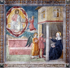 Livet til St. Francesca Romana : Helgenens sønn, drept av byllepesten dukker opp for henne med en engel (Fresco av Antoniazzo Romano