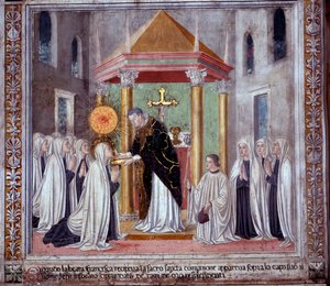 Livet til St. Francesca Romana: Da helgenen mottok nattverden, dukket det opp en lysende kule over henne (Fresco