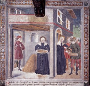 Livet til St. Francesca Romana : under en alvorlig hungersnød i 1402, gir Francesca alt sitt korn til de fattige (Fresco av Antoniazzo Romano