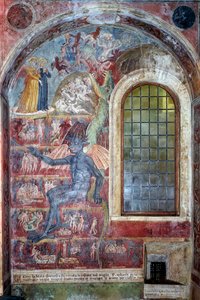Representasjon av helvete, djevelen sitter blant de forskjellige kretsene av jævla (Fresco