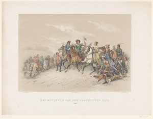 Utrecht-maskeraden fra 1851: Hoflivet i 1296 Grevenes hoffliv. 1296 (tittel på objekt) Den patriotiske historien. fra de tidligste tider til slutten av 1600-tallet, i åtte scener, presentert i kostyme av HH Dtudente av Antonie Johannes Groeneveldt