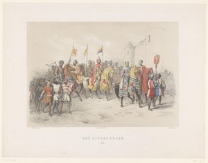 Utrecht Masquerade of 1851: Knighthood, 1217 The Knighthood, 1217 (tittel på objekt) Den nasjonale historien. fra de tidligste tider til slutten av 1600-tallet, i åtte scener, presentert i kostyme av H.H. Studenter ved Utrechtsche Hoo av Antonie Johannes Groeneveldt