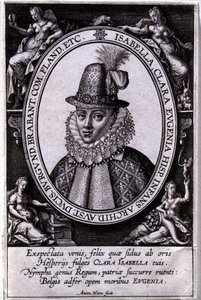 Portrett av Isabella Clara Eugenia av Østerrike (1566-1633) kone til Albert, erkehertug av Østerrike (1559-1621) (gravering) av Antonie Wierix