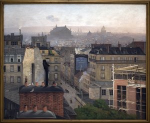 Paris sett fra Montmartre. På veggen til en av bygningene, en annonse for «Den lille avisen». Maleri av Antonin Chitussi (Chittussi) (1847-1891), olje på lerret av Antonin Chittussi