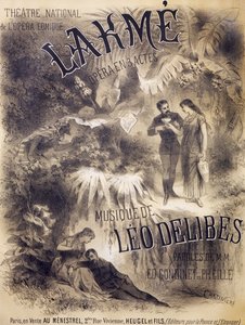 Plakat for Lakme', opera med libretto av Edmond Gondinet og Philippe Gille, musikk av Leo Delibes, Theatre National de l'Opera-Comique, Paris, utgitt av Heugel and Sons, Paris