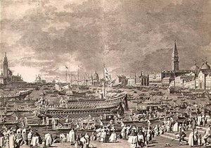 Dogen ilandstigning på Bucintoro for ekteskapet med havet, gravert av Giovanni Battista Brustolon (1712-96) (gravering)