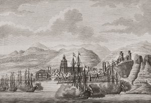 Den nederlandske flåten utenfor Malaga, Spania 1784 skyter salutt. (skrive ut) av Antonio (after) Suntach