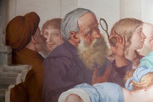 Bystanders, freskomaleri av Antonio Busca (1625-1684), 20. kapell, Saint Francis kanonisert av pave Gregor IX, Sacred Mountain of Orta (UNESCOs verdensarvliste, 2003), Orta San Giulio, Piemonte, Italia av Antonio Busca