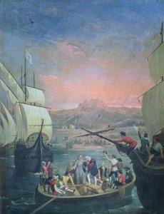 Avgang av Santa Maria, Pinta og Nina fra Palos i 1492 (olje på lerret)