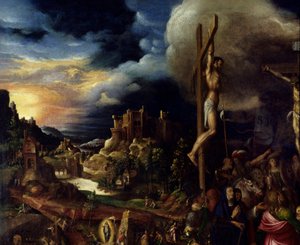 Kristus på korset Lidenskapsscener: steg opp til Golgata (Korsveien), korsfestelse. Maleri av Antonio Campi (1526-1587) Ec. Ital