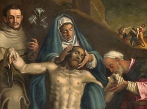North Transept, avsetningens alter, Kristi avsetning støttet av jomfruen og de hellige Raymond og Anthony av Padua, Antonio Campi 1566, detaljaltertavle