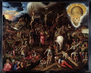 Scener av lidenskap: bønn i oliventrærnes hage, svik mot Judas, arrestasjon av Kristus, hånet Kristus, stiger opp til Golgata (Korsveien), korsfestelse, oppstandelse... Maleri av Antonio Campi (1526-1587) Ec. Ital