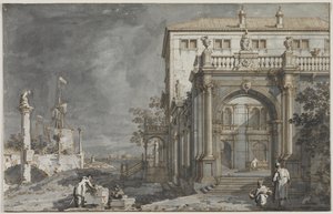 Capriccio: Et palass med en gårdsplass ved lagunen, ca. 1750-1755. av Giovanni Antonio Canal