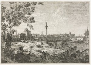 Panorama av en by ved en elv av Antonio Canaletto