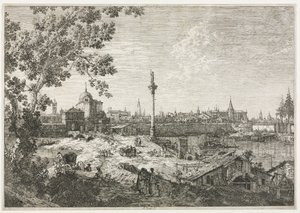 Panorama av en by ved en elv. av Giovanni Antonio Canal
