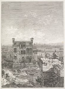 Utsikt: Et hus omgitt av seks søyler, 1735-1746. av Giovanni Antonio Canal