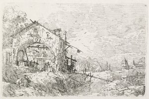 Visninger: En kvinne som tegner vann under en bue, 1735-1746. av Giovanni Antonio Canal