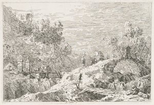 Utsikt: Fjelllandskap med fem broer av Antonio Canaletto