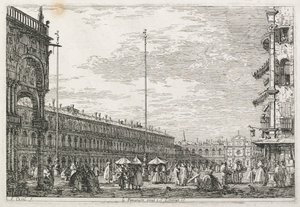 Utsikt: Prokuratorpalasset og kirken St. Géminien, Venezia, 1735-1746. av Giovanni Antonio Canal