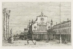 Utsikt: Tre søyler og en statue på havkysten av Antonio Canaletto