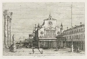 Visninger: Tre søyler og en statue på havkysten, 1735-1746. av Giovanni Antonio Canal