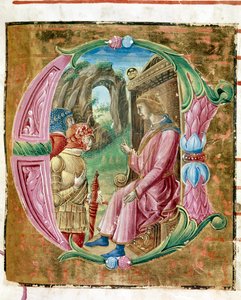 Herode I den store (73-4 f.Kr.) beordret massakren på uskyldig Lettrine opplyst av Antonio Cicognari. Detalj av et antifonarium. 1483. Cremone, kor 4, capitolo del duomo