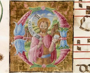 Døperen Johannes Lettrine opplyst av Antonio Cicognari. Detalj av et antifonarium. 1483. Cremone, kor 4, kapittel i katedralen av Antonio Cicognara