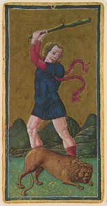 Styrke, faksimile av et tarotkort fra Visconti-kortstokken, 1441-47