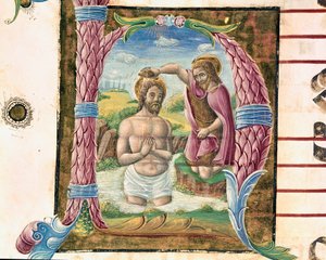 Dåpen til Kristus Lettrine opplyst av Antonio Cicognari. Detalj av et antifonarium. 1483. Cremone, kor 4, kapittel i katedralen