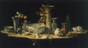 Forberedende maleri til en bordplate i hard stein med porselensvaser, ca 1875, av Antonio Cioci (mellom 1722 og 1792), olje på lerret.